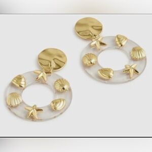 J. Crew Gold Seashell Starfish Resin Hoop Earrings | Coastal Beach Statement NWT